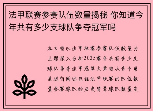 法甲联赛参赛队伍数量揭秘 你知道今年共有多少支球队争夺冠军吗