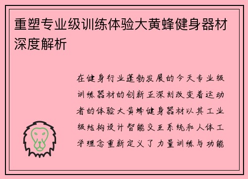 重塑专业级训练体验大黄蜂健身器材深度解析