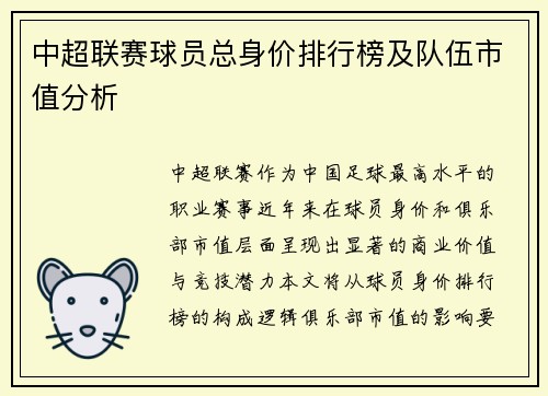 中超联赛球员总身价排行榜及队伍市值分析