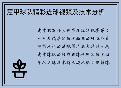 意甲球队精彩进球视频及技术分析